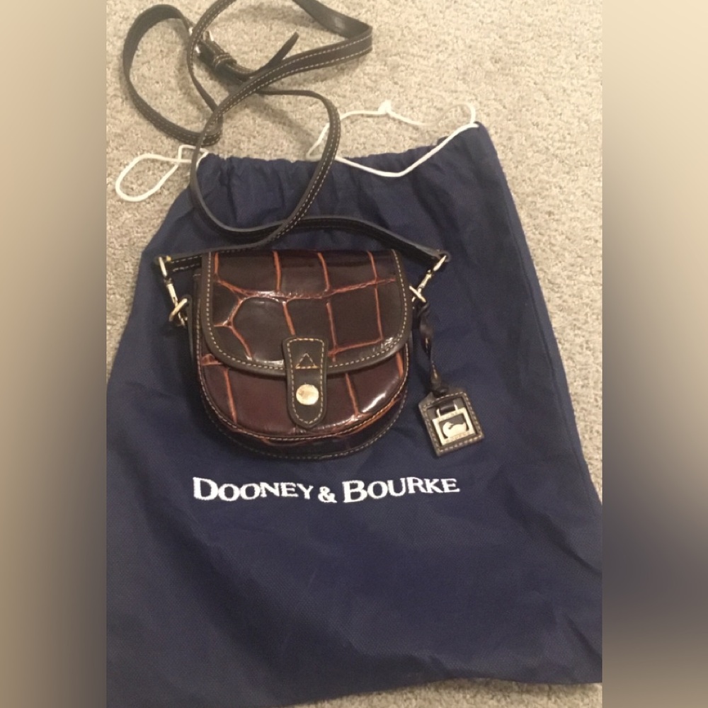Dooney & Bourke Dark Brown Croc-Embossed Leather Mini Flap Saddle Crossbody-EUC
